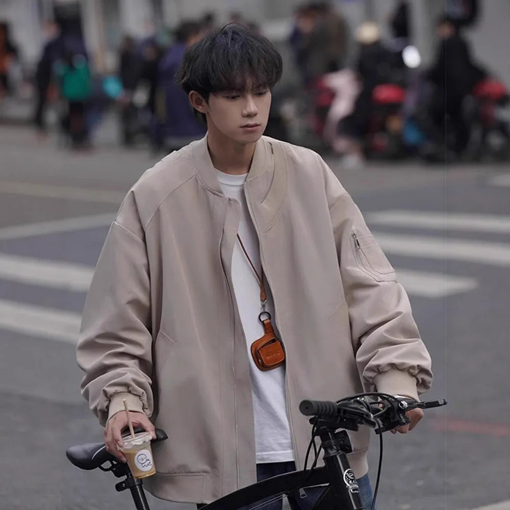 Men's loose pilot jacket in gray, cotton blend polyester, long sleeve, Korean style, spring autumn coat