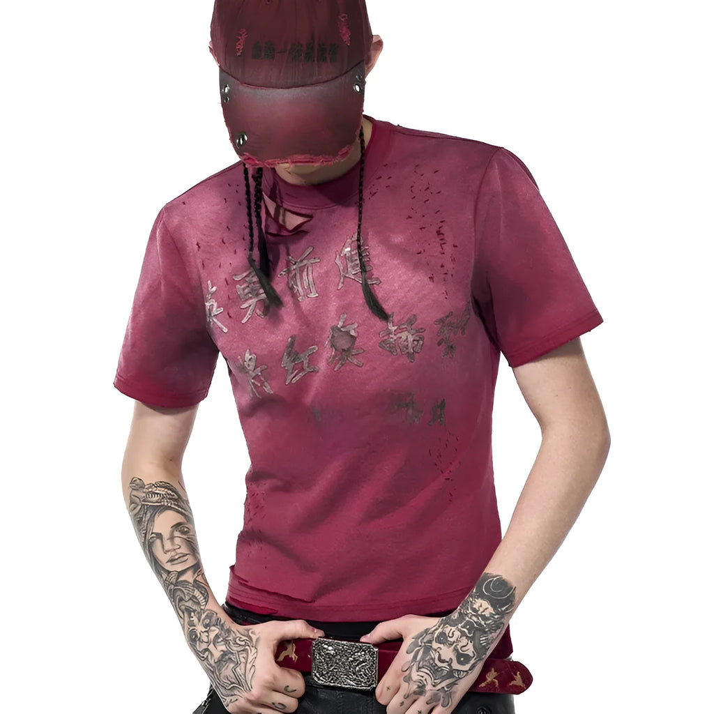 Red men's slim-fit T-shirt with a distressed texture and short sleeves.