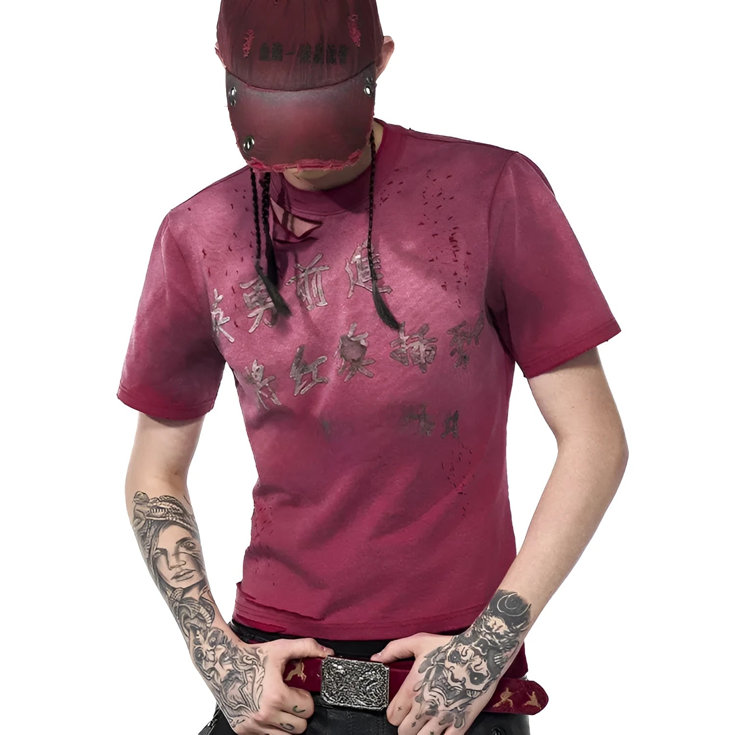 Red men's slim-fit T-shirt with a distressed texture and short sleeves.