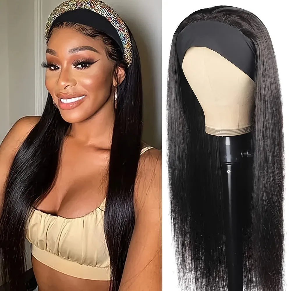 Headband wig in black straight, black curly, and wine red high temperature fibre options