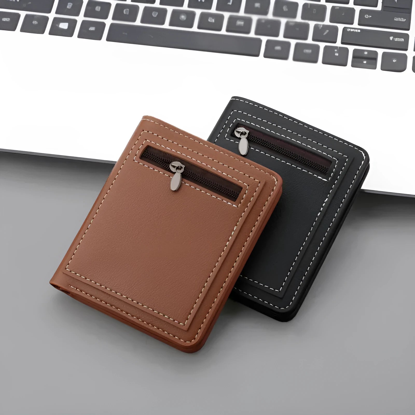 Men's PU leather vertical zippered wallet in solid colour with money clip, black option