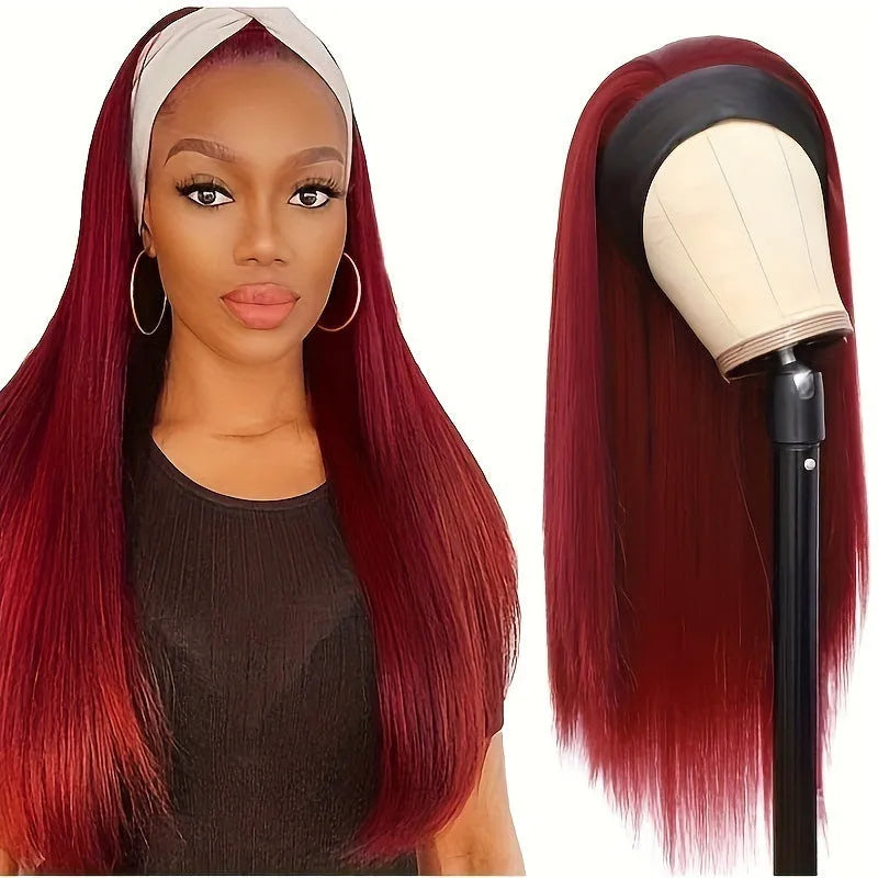 Headband wig in black straight, black curly, and wine red high temperature fibre options