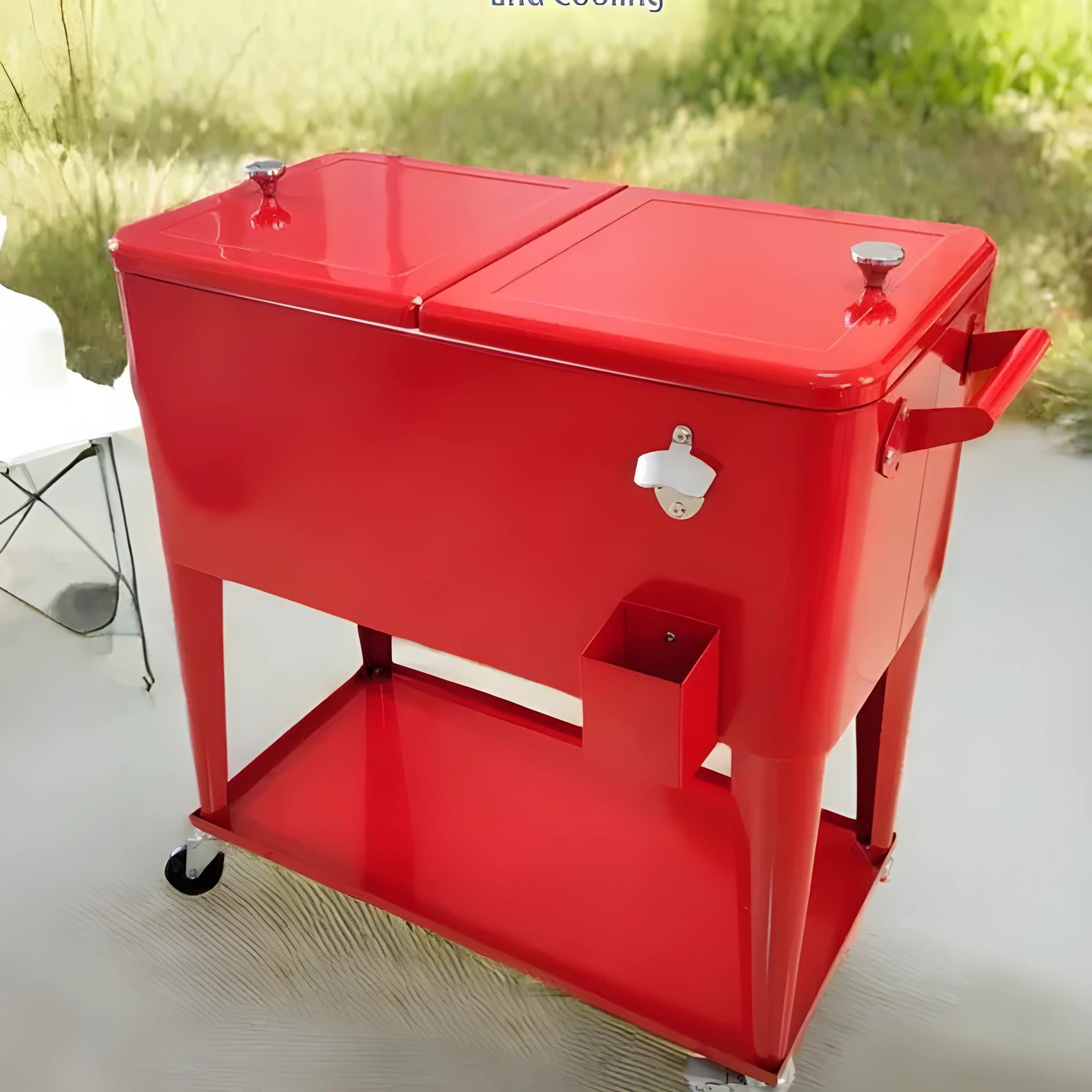 Red outdoor metal insulated trolley cooler box with 750ml capacity