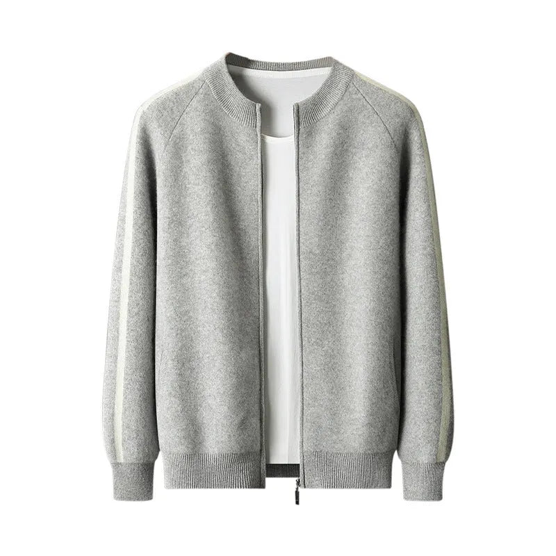 Thickened pure wool half turtleneck cardigan in light gray with button front and long sleeves