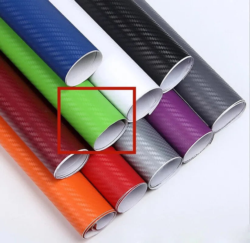 3D carbon fibre sticker roll for car decoration in multiple colours showing textured pattern
