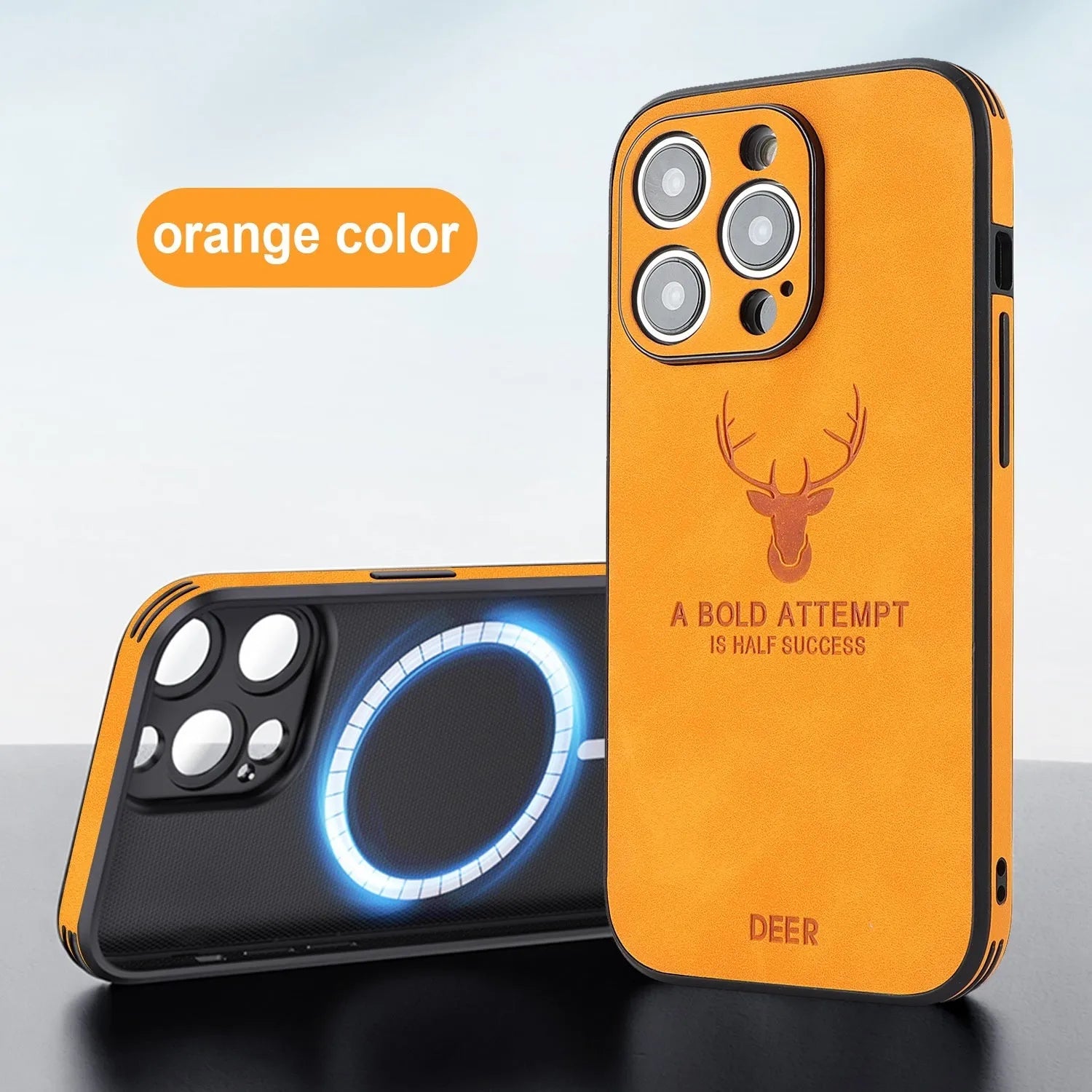 iPhone 16 series imitation leather phone case with embossed moose head design showing magnetic charging compatibility
