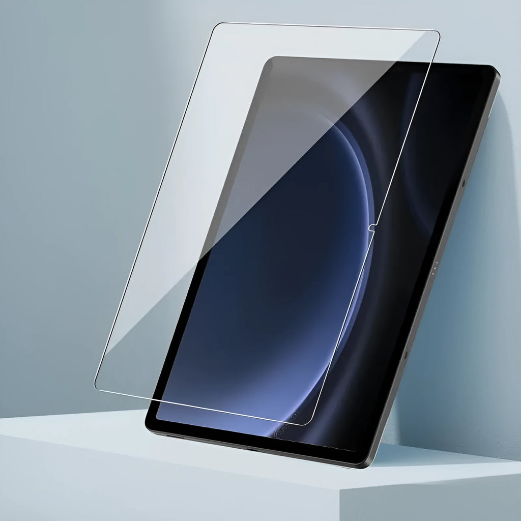 Samsung Galaxy tablet with a clear tempered glass screen protector applied, showing HD clarity.