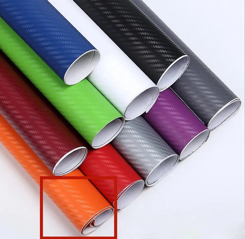 3D carbon fibre sticker roll for car decoration in multiple colours showing textured pattern