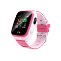 Pink children's smart watch with HD touch screen and silicone wristband showing time and positioning icon