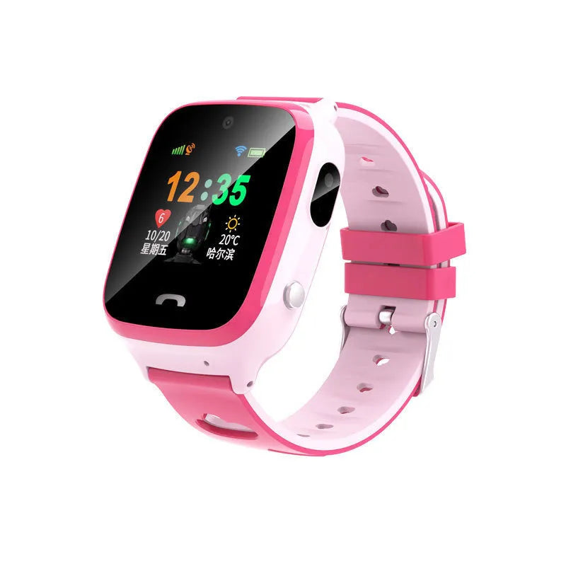 Pink children's smart watch with HD touch screen and silicone wristband showing time and positioning icon