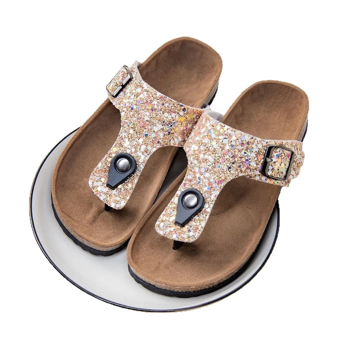 Cork flip-flops with frosted design in gold, pink or silver colours with non-slip PVC soles