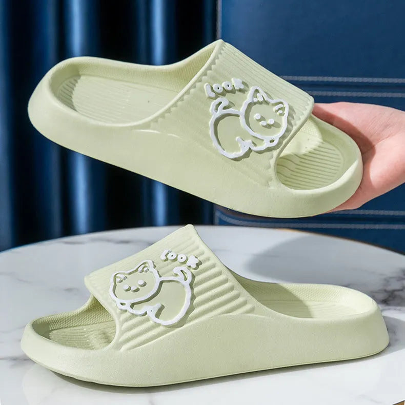 Cat-themed platform slippers with thick EVA sole in multiple colour options
