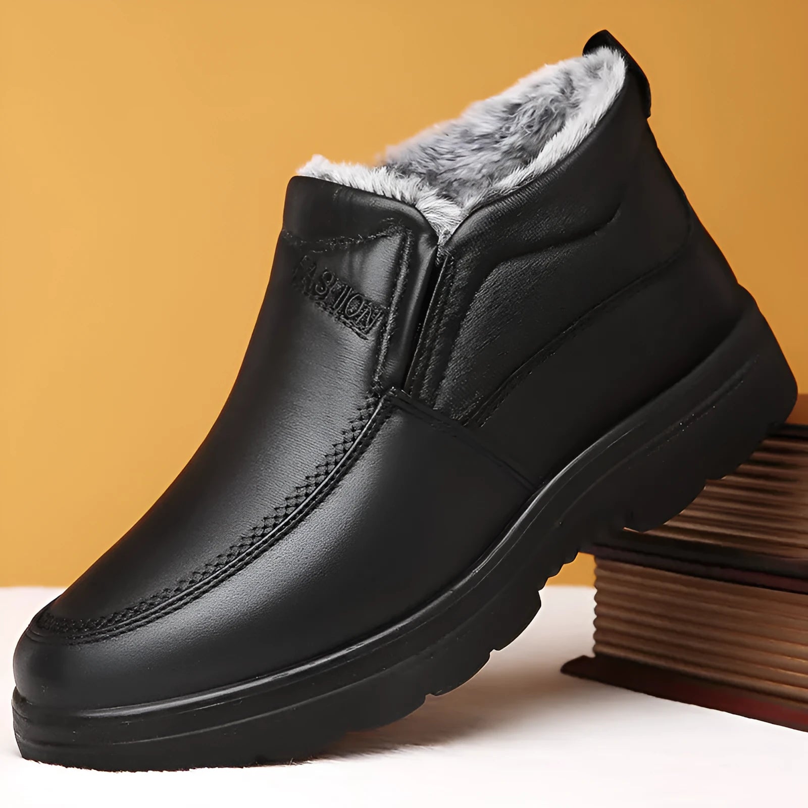 Black and brown fleece-lined men's winter slip-on shoes with a waterproof PU upper and rubber sole.