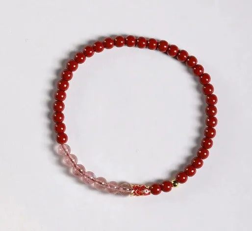 Hand-woven unisex retro Koi bracelet with Purple Gold Sand, Strawberry Quartz, and crystal beads on display