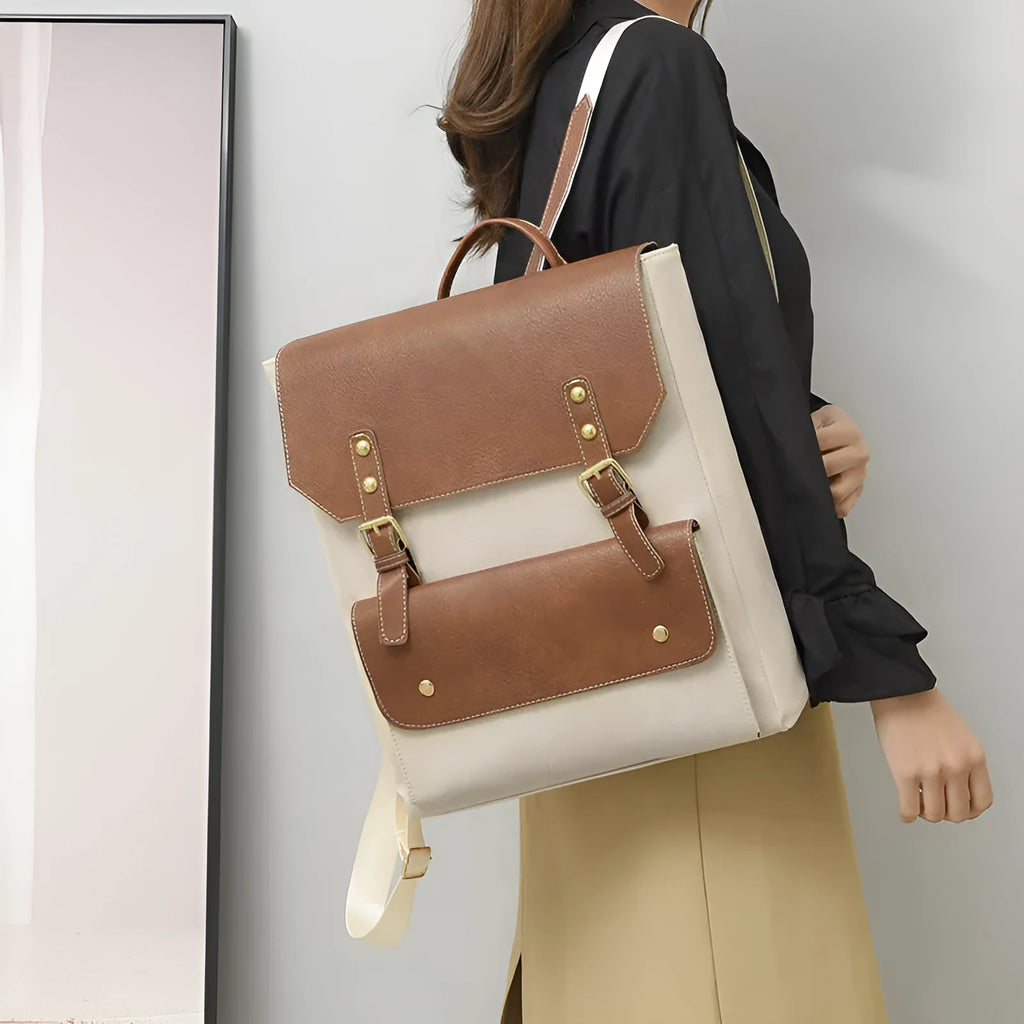 Korean retro style simple backpack in soft PU material shown in brown colour.