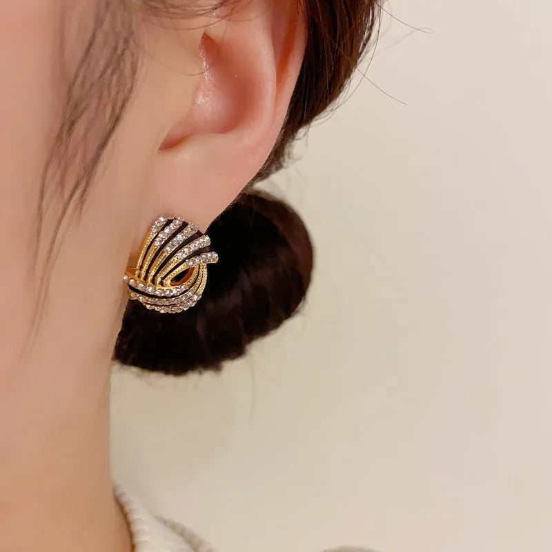 Pair of super flash rhinestone ear studs with thick real gold plating on copper base, geometric shape