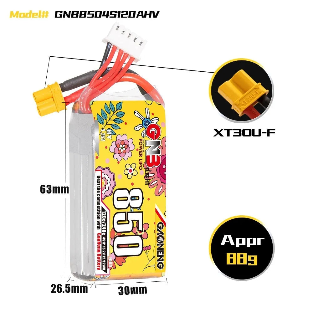 GNB 850mAh 4S 15.2V 120C LiPo battery pack with XT30 connector for RC aircraft