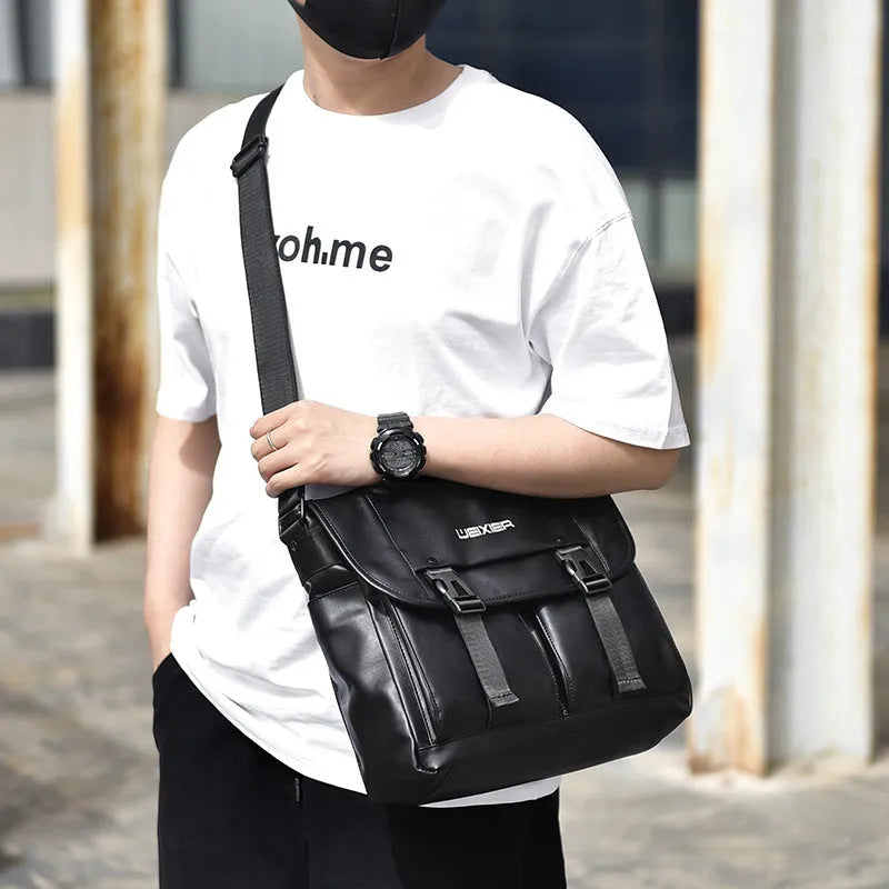 Men's black PU leather messenger bag with crossbody strap and large capacity for business travel