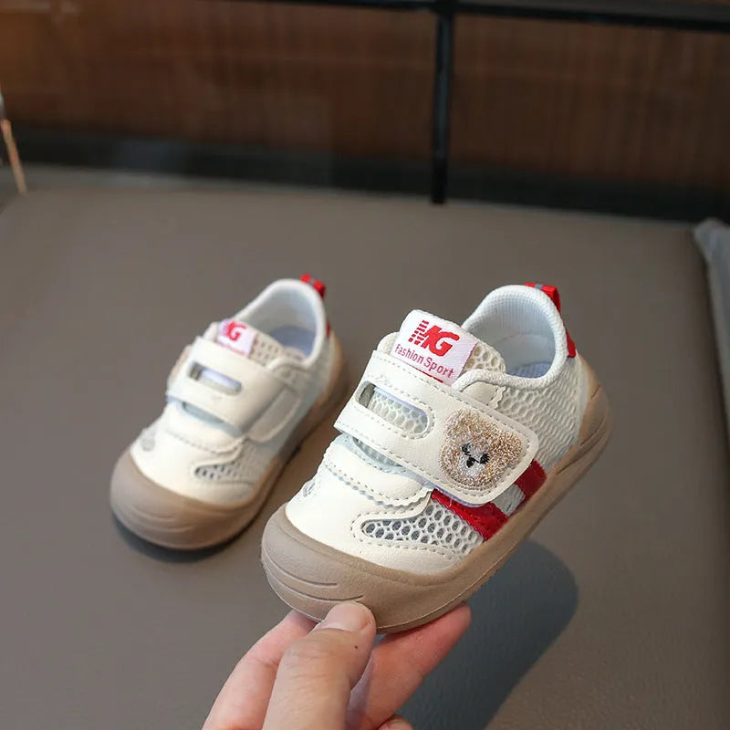 Children's breathable mesh shoes with animal pattern and Velcro fastening, available in black