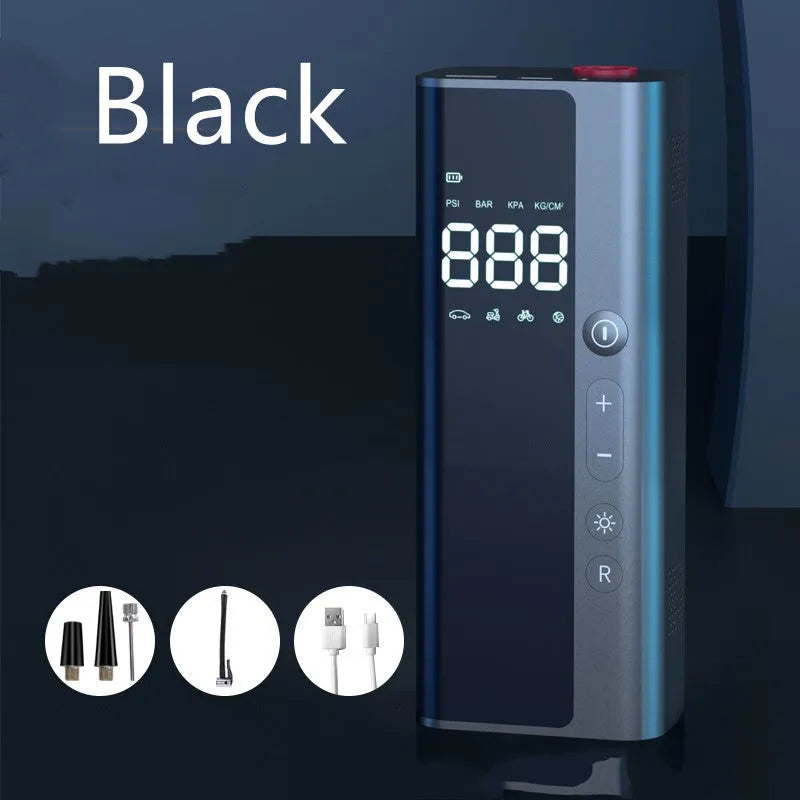 Portable wireless car air pump 165x65x45mm with digital display, 60W motor, and USB charging cable