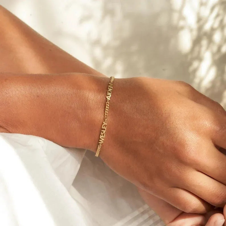 DIY personalised name bracelet Cuban chain in stainless steel gold colour with one engraved name