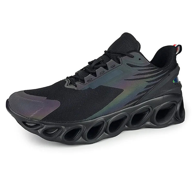 Men's low-top mesh sports shoes in black colour with white sole and lace-up front