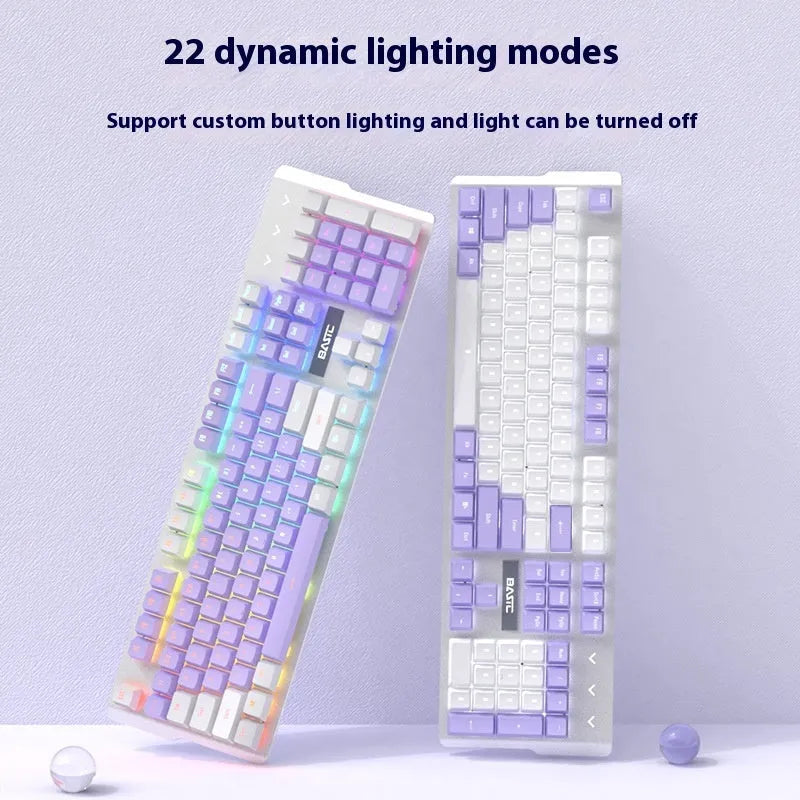 White and purple mechanical keyboard and mouse gaming combo with backlight