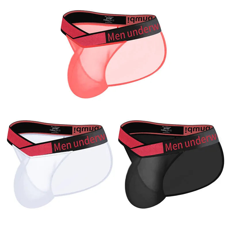 Men's red ice silk nylon briefs with a large V front and low waist design.