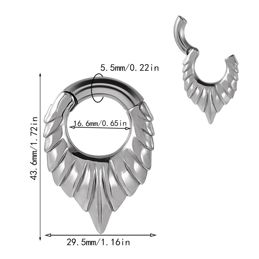 Stainless steel drop-shaped auricle ear extender with round hanging egg and totem pattern.