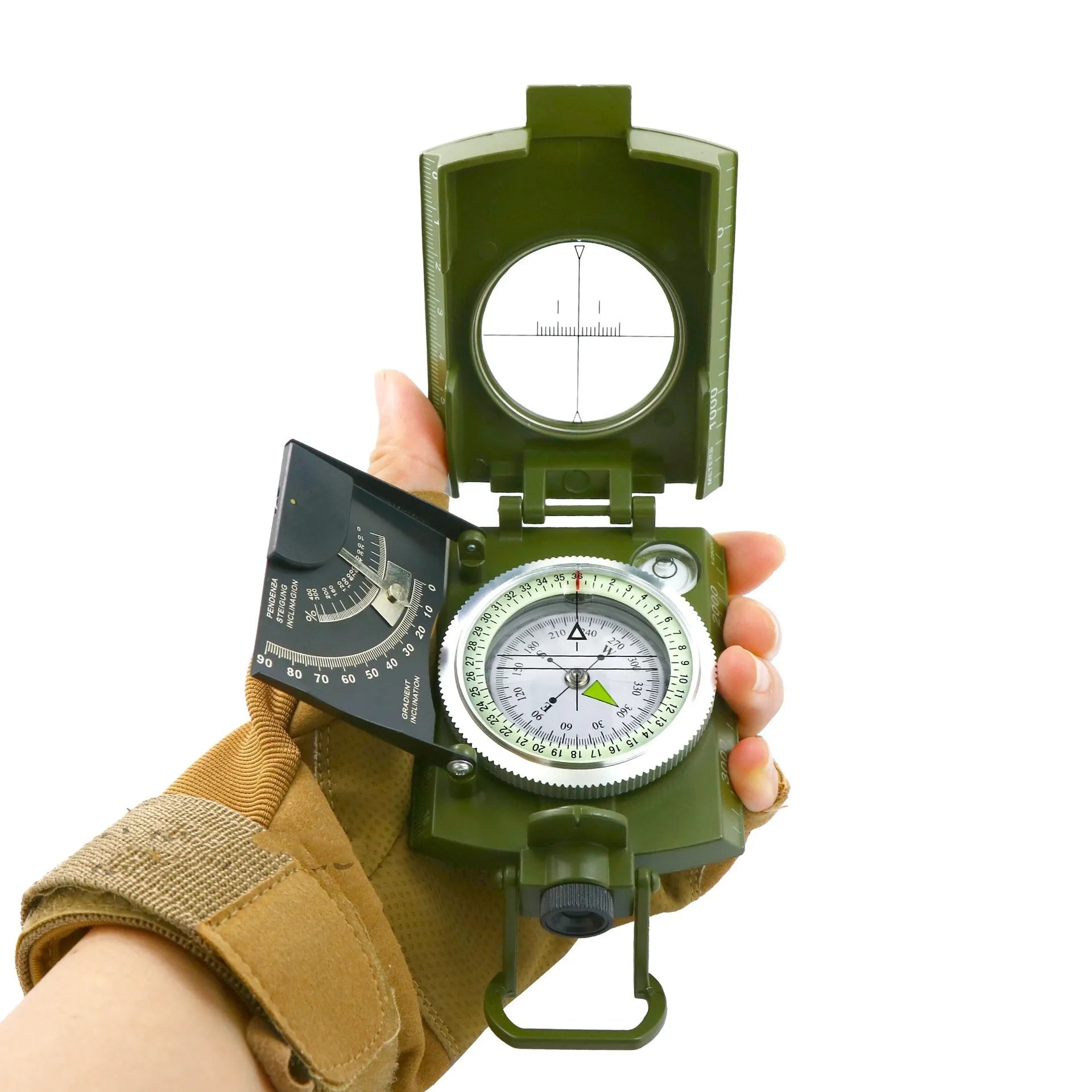 K4074 professional metal multifunctional compass with hanging ring on a black background.