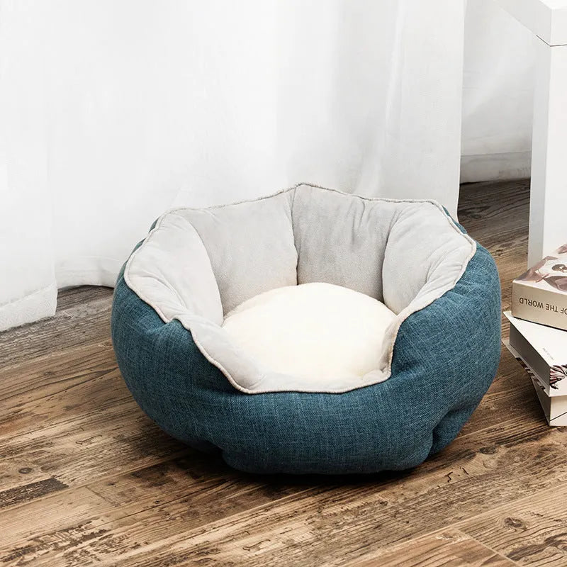 Blue octagonal pet bed with removable mat for cats and small dogs