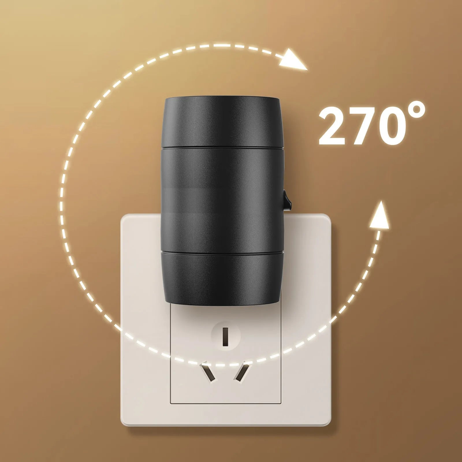 A small, white, direct plug-in night lamp with an adjustable and rotatable light head, shown plugged into a wall socket.