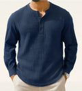 Long sleeve linen blend shirt with round neck and 3/4 sleeves in Army Green colour
