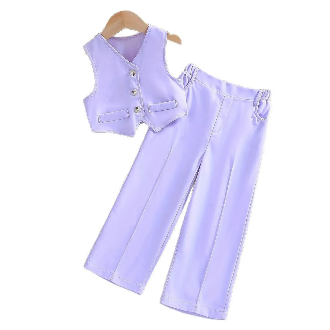 Girls' summer vest and trouser two-piece set in solid purple, light blue, red or light green, polyester