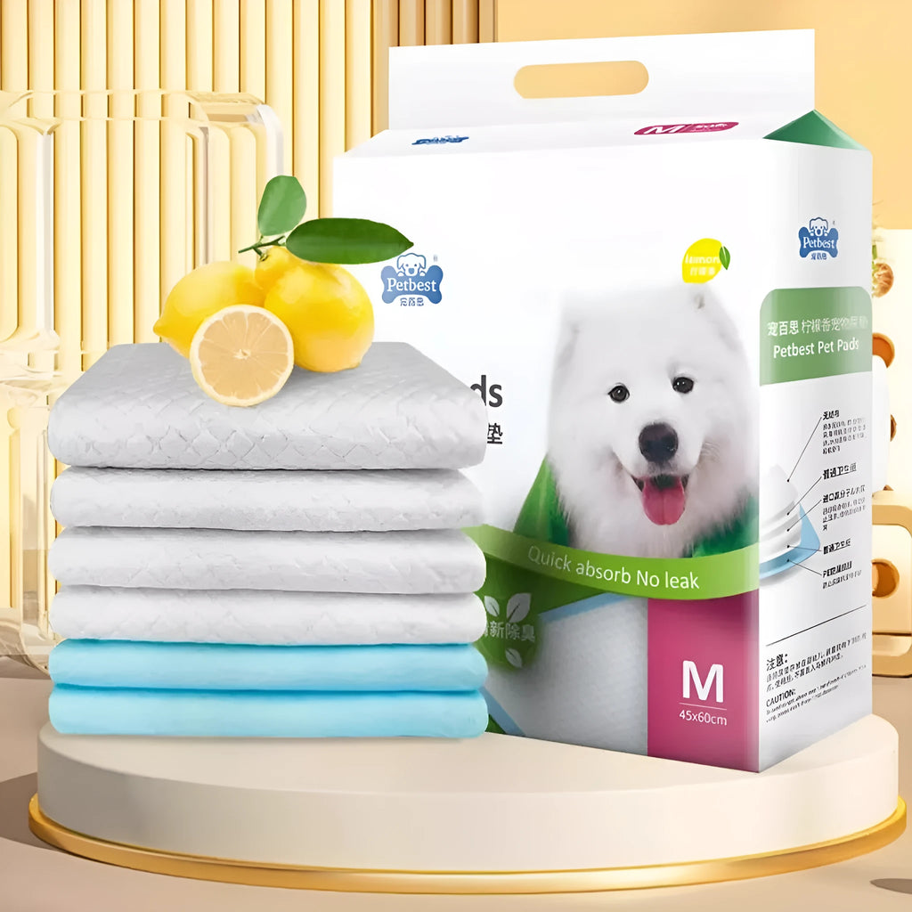 Pack of thickened disposable dog urine pads showing adhesive backing and size options.