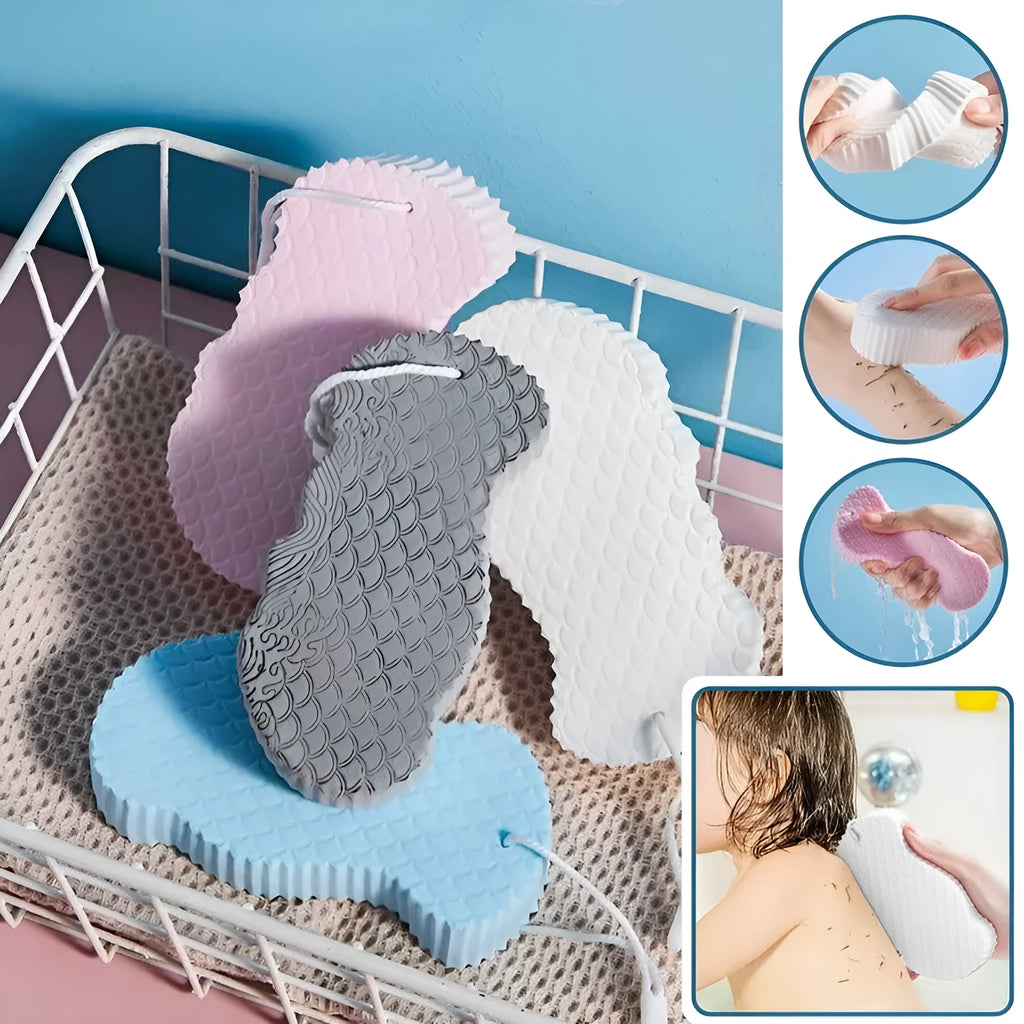 White 3D bath sponge with fish scale exfoliating pattern, shown next to grey, pink, and light blue versions.