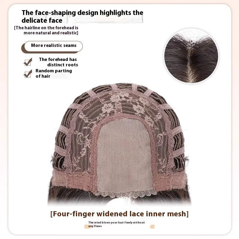 Full-head forehead lace wig in long straight style with hairnet, clip, comb, bracket and bottle of care solution.