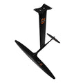 Black carbon fibre and aluminium alloy racing hydrofoil surfboard with large front wing