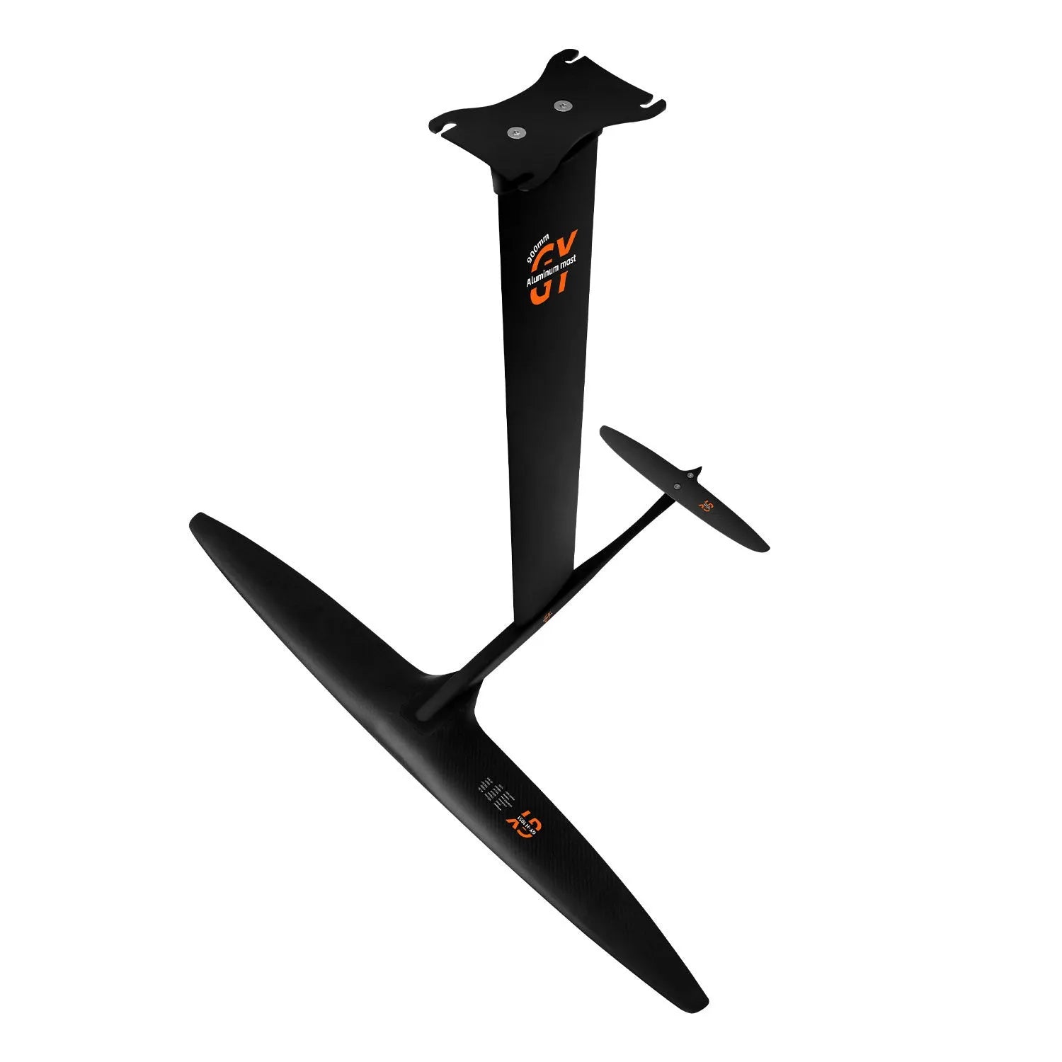 Black carbon fibre and aluminium alloy racing hydrofoil surfboard with large front wing