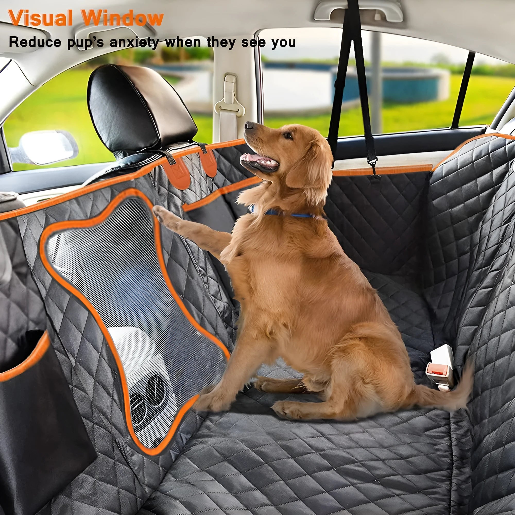 Black dog car seat cover with orange edge, shown as a hammock and flat protector on a car rear seat.