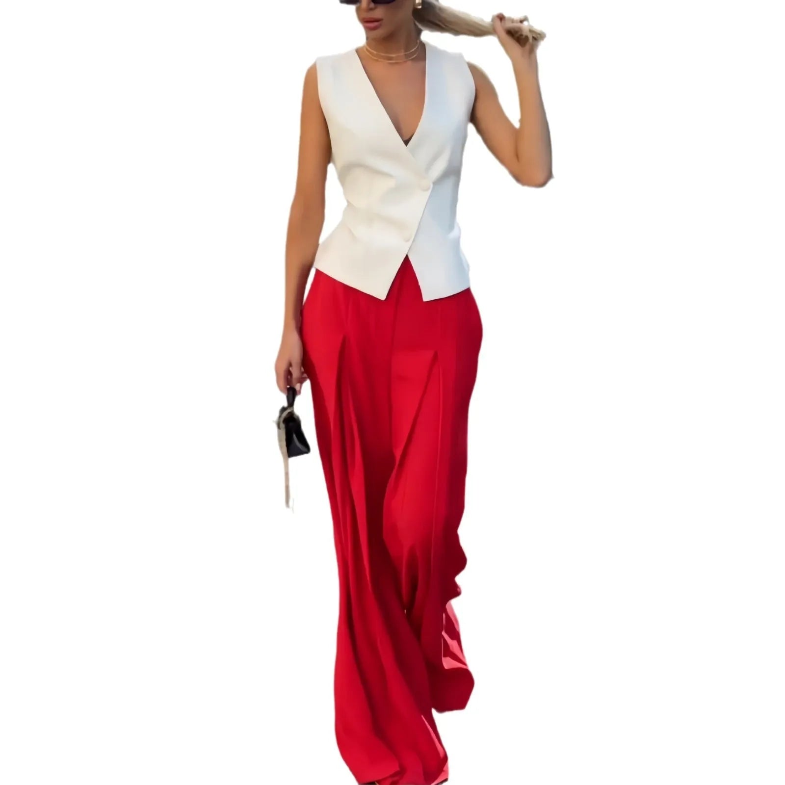 Beige women's two-piece set with sleeveless V-neck top and wide-leg trousers on a hanger.