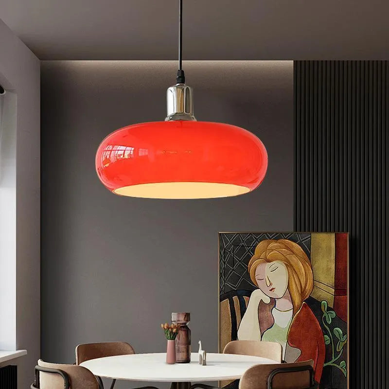 Milk white Bauhaus pendant light with three egg tart-shaped glass shades for bedroom or dining room
