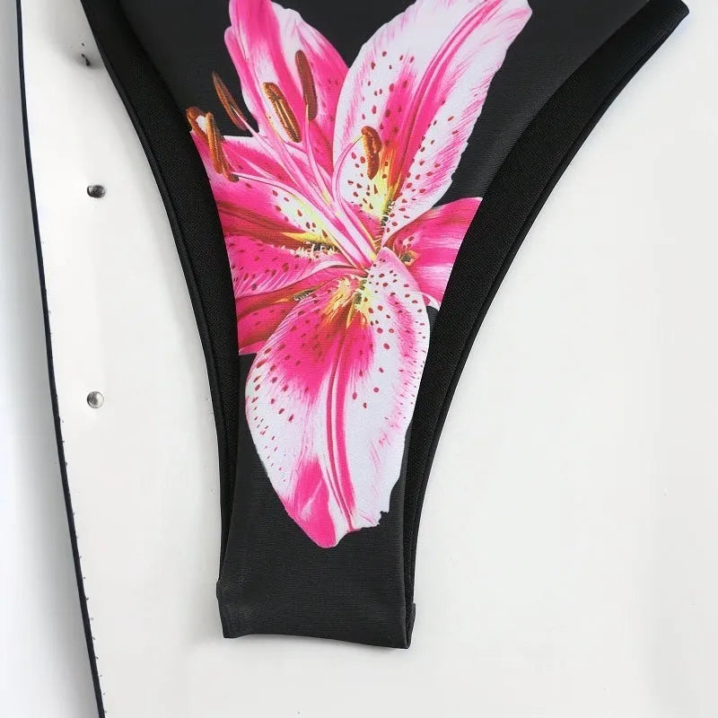 Women's three-piece bikini set with slim wrap skirt in black red flower print, sizes S to L