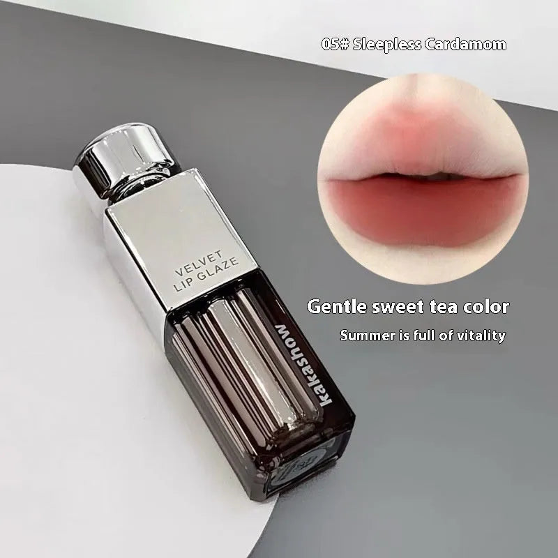 Kakashow matte soft mist lipstick in velvet lip paint formula showing six colour options