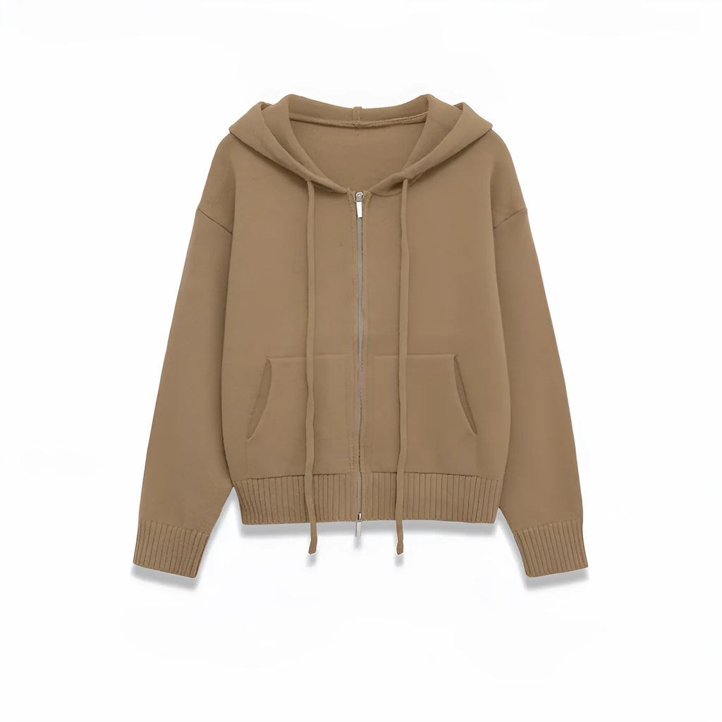 Women's camel zipper knit hooded sweatshirt with spandex fabric, short length 40cm, long sleeves