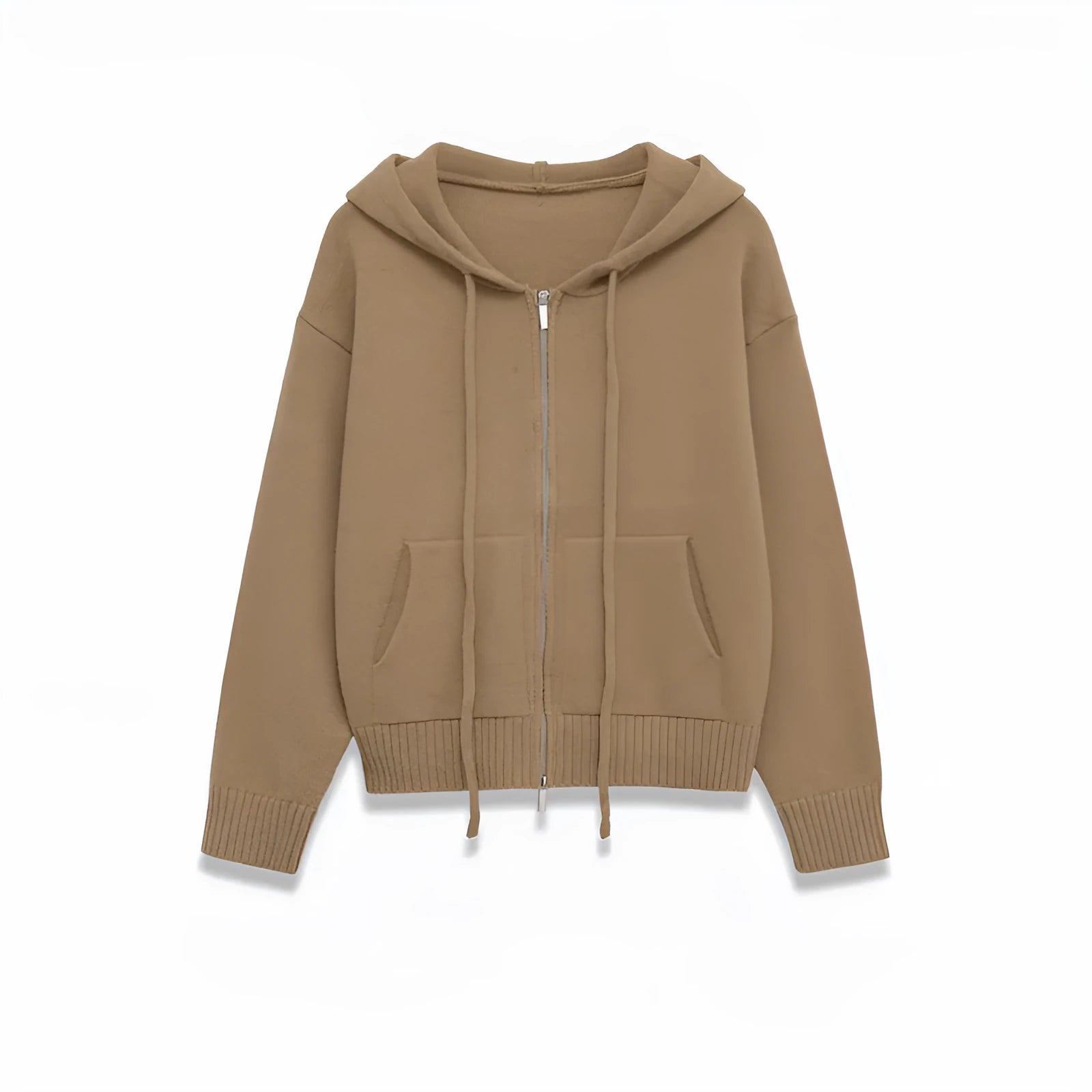 Women's camel zipper knit hooded sweatshirt with spandex fabric, short length 40cm, long sleeves