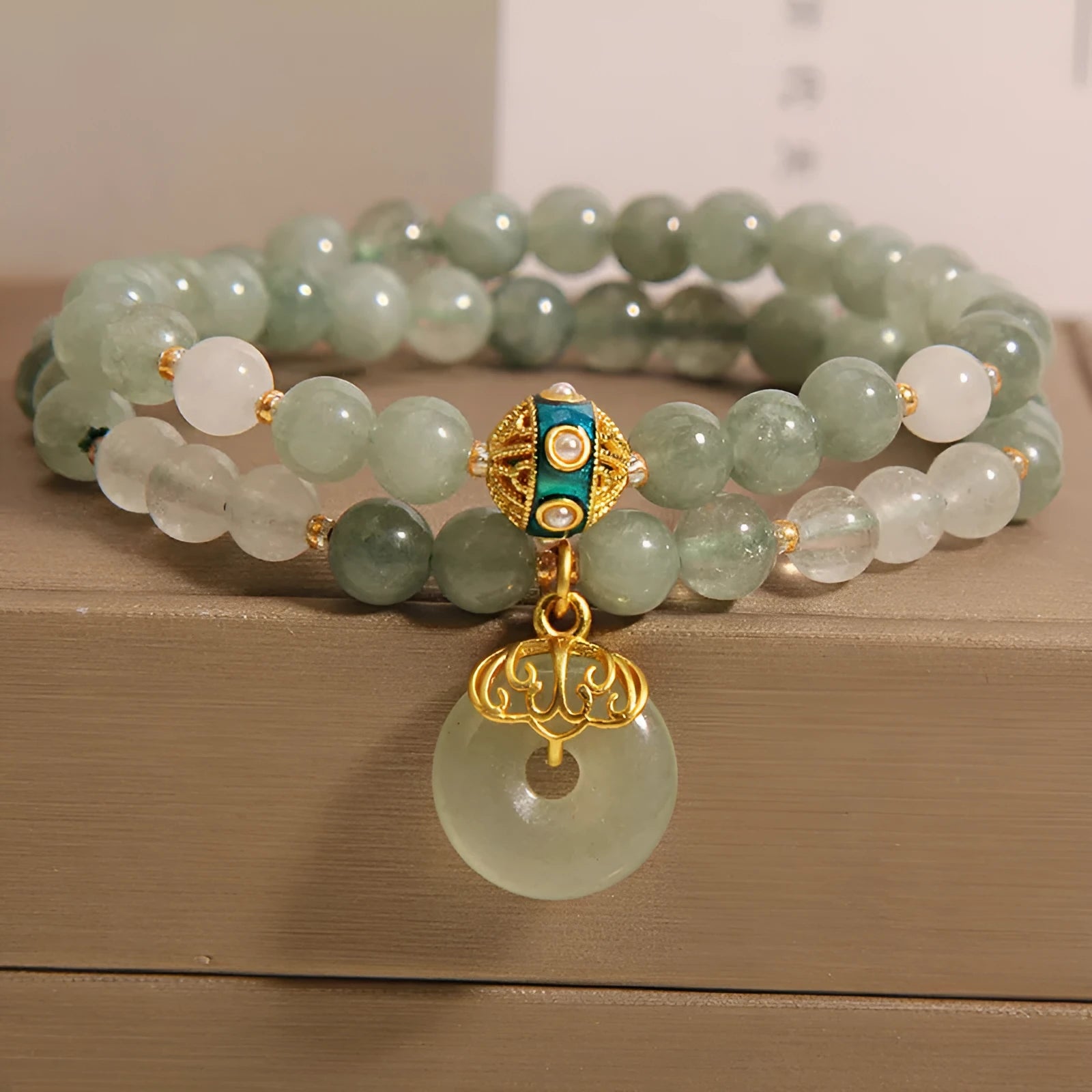 Women's aventurine double-layer crystal bracelet with oil green jade elements and peace buckle closure