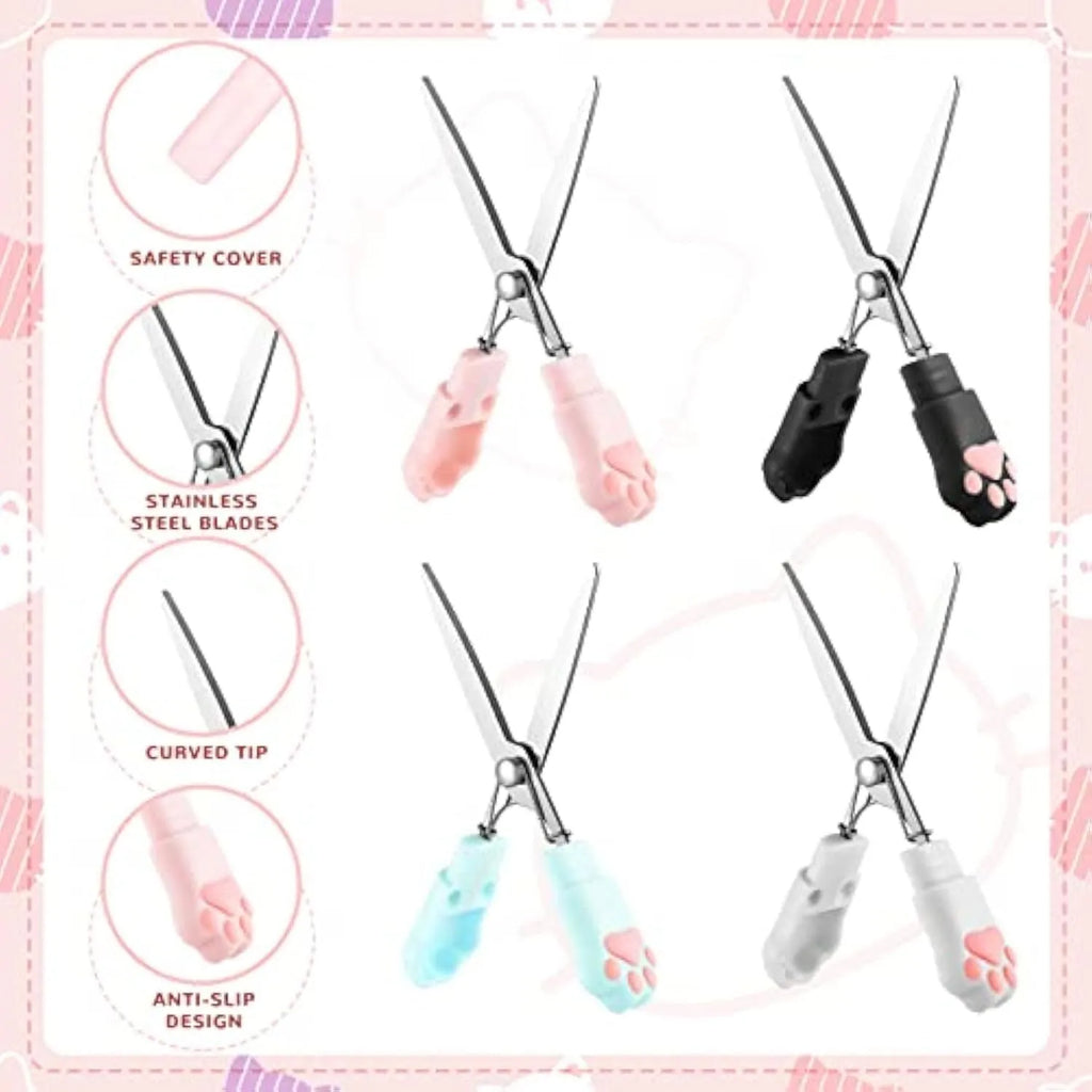 Cat paw design mini folding scissors with stainless steel blades shown open and closed