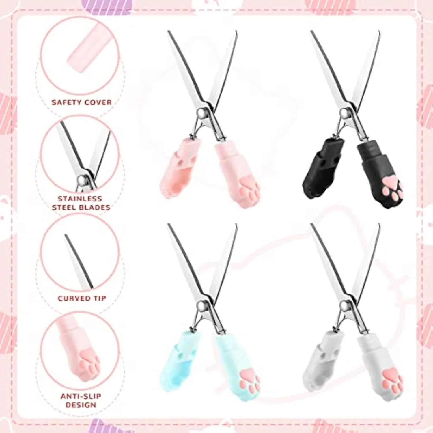 Cat paw design mini folding scissors with stainless steel blades shown open and closed