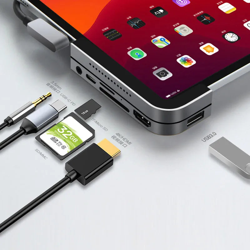Silver aluminium grey 6-in-1 USB-C docking station for iPad Pro with HDMI port and SD card reader